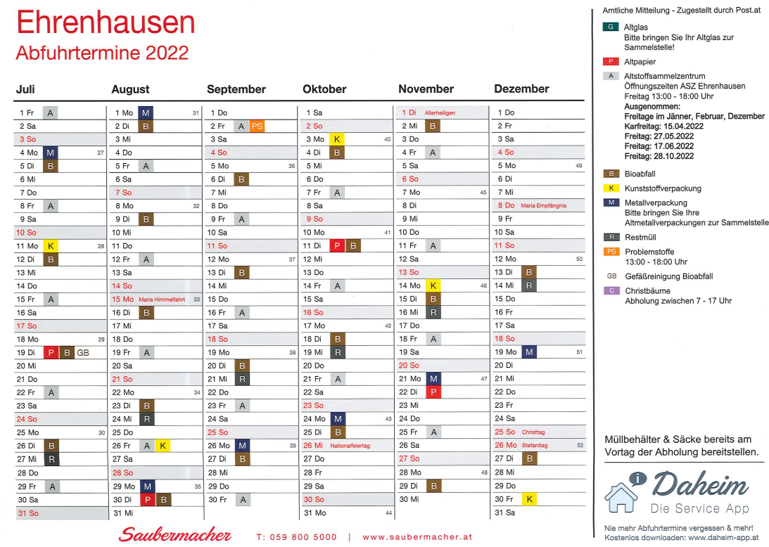 Abfuhrkalender – Marktgemeinde Ehrenhausen An Der Weinstraße